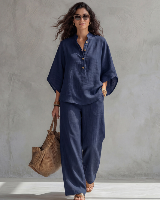 Elena | Conjunto Mujer de Algodón y Lino Azul
