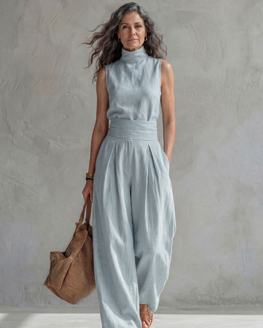 Maria | Conjunto Top y Pantalón Ancho Algodón Lino Azul